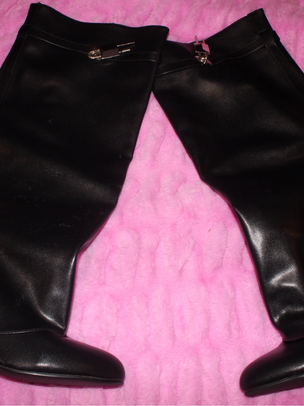 Black Faux Leather Heeled Knee-High Boots with Silver Buckle